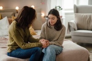 a mother holds her teenager daughters hands as they sit on teen's bed and mother explains what is motivational interviewing
