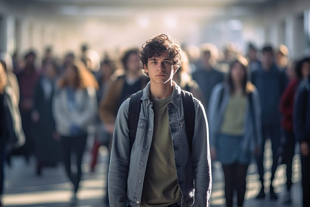 an adolescent with social anxiety stands apart from a crowd