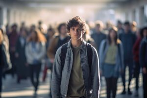 an adolescent with social anxiety stands apart from a crowd