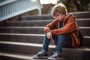 Teen sits on stairs and ponders the most common types of trauma in his peers
