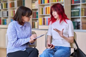 Therapist and client discuss the benefits of dialectical behavior therapy